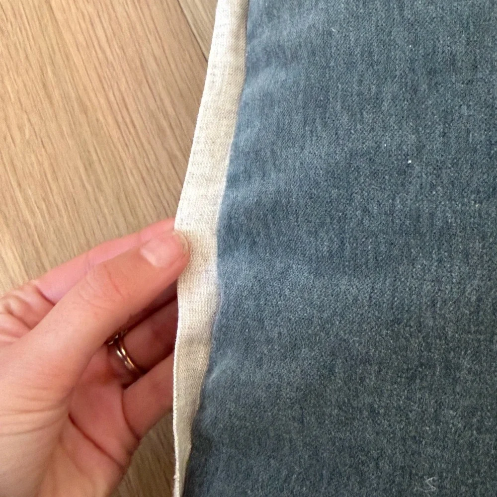 West Elm Blue Gray Velvet Square Pillow Cover with Beige Linen Piping Accent